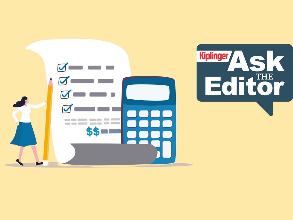 Ask the Editor logo plus woman holding pencil, with checklist and calculator